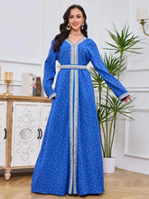 Fashion Arab Abaya Woman Tape Trim Full Sleeve V-Neck Belted Clothing Elegant Muslim Female Long Dresses Blue Dress